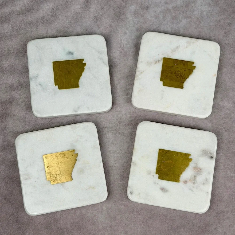 The Royal Standard White Marble Arkansas Brass Inlay Coasters Set of 4